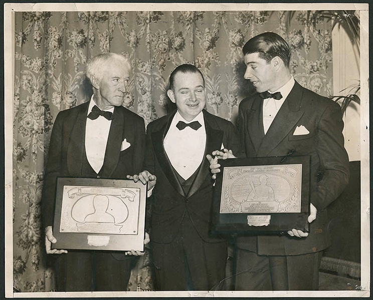 Joe DiMaggio, Judge Kenesaw "Mountain" Landis and Tom Meany Original Wire Photograph