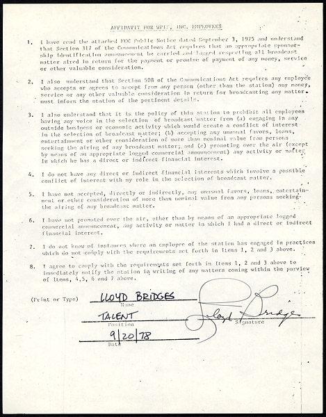 Lloyd Bridges (ETAL) Signed Performance Archive