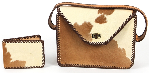 Janis Joplin Owned and Used Brown Cowhide Purse with Matching Wallet and Clutch