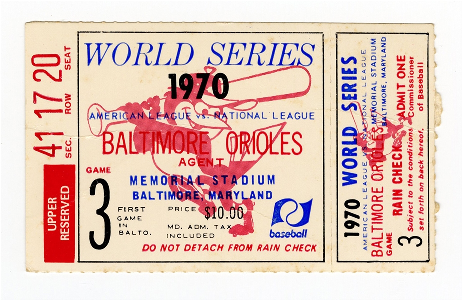 1970 Baltimore Orioles vs. Cincinnati Reds World Series Game 3 Ticket Stub