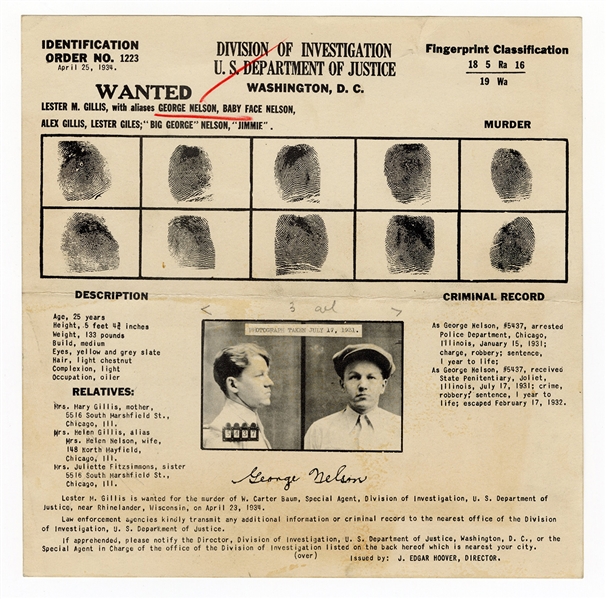 Original Wanted Poster for Baby Face George Nelson
