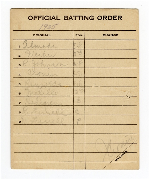 1935 Boston Red Sox Official Batting Order Lineup Card Signed by Joe Cronin