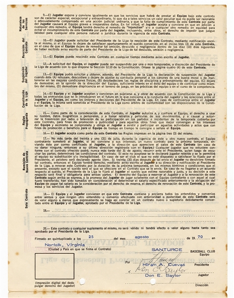 Don Baylor Signed 1970-71 Puerto Rican League Baseball Contract