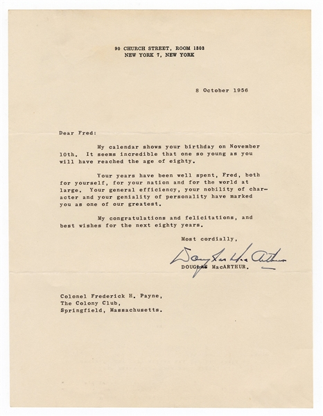 General Douglas MacArthur Signed Letter JSA 