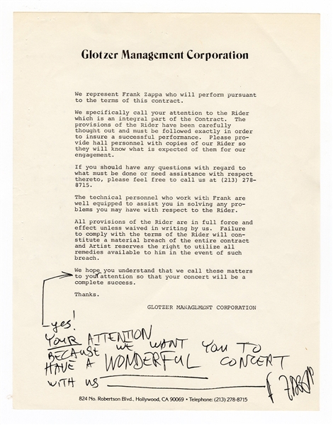 Frank Zappa Signed Document Contract with His Handwritten Inscriptions JSA