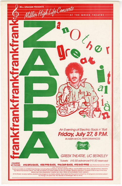 Frank Zappa Original Bill Graham Miller High Life Greek Theatre Concert Poster