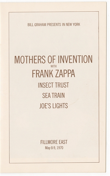 Mothers of Invention with Frank Zappa Original 1970 Fillmore East Concert Program