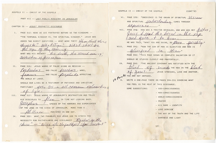 Johnny Cash Handwritten "Christ of the Gospels Religious Exam