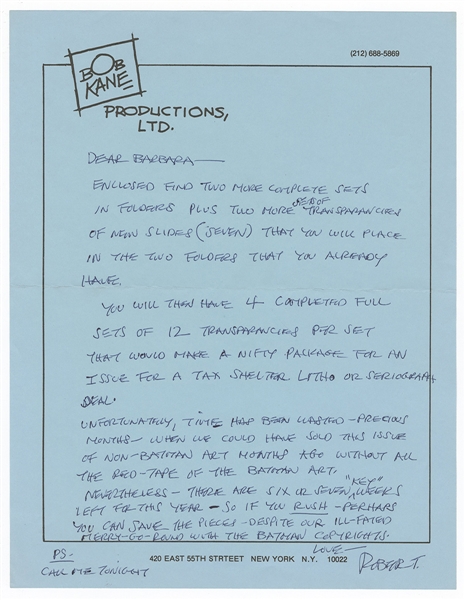Bob Kane "Batman" Signed Handwritten Letter