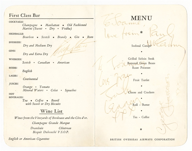 The Beatles Fully Signed BOAC Menu Frank Caiazzo Authenticated