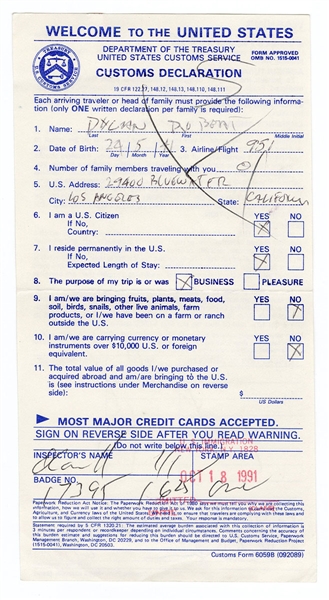 Bob Dylan Twice-Signed United States Customs Card Rare “Robert Dylan” Signature JSA