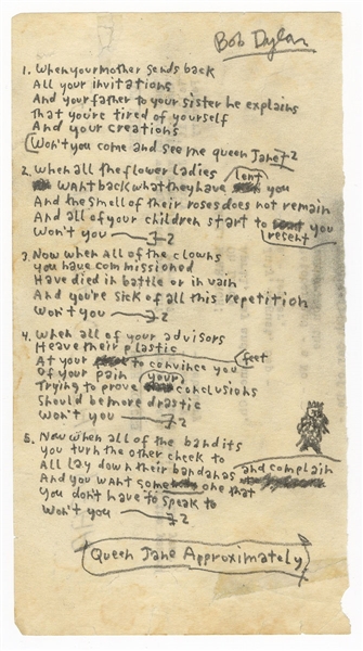 Bob Dylan "Queen Jane Approximately" Original Working Handwritten Lyrics