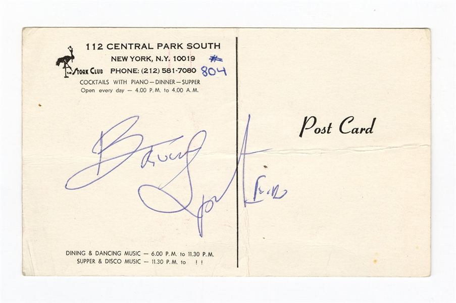 Bruce Springsteen Vintage Circa 1979 Signed Stork Club Postcard