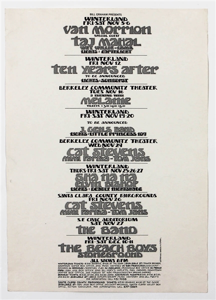 Beach Boys, The Band, Van Morrison and More Original Circa 1970s Bill Graham Winterland Concert Poster