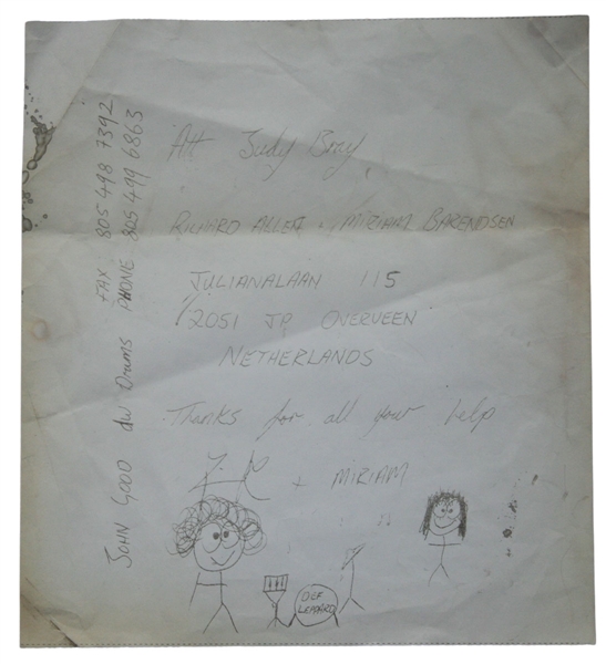 Def Leppard Rick Allen Handwritten Fax to Judy Bray with His First Design Autograph One-Armed Self-Portrait Drawing