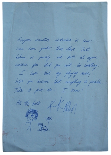 Def Leppard Rick Allen Original Handwritten Message to Overcome Obstacles in Life
