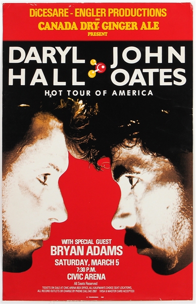 Hall and Oates "Hot Tour Of America with Bryan Adams" Original Concert Poster
