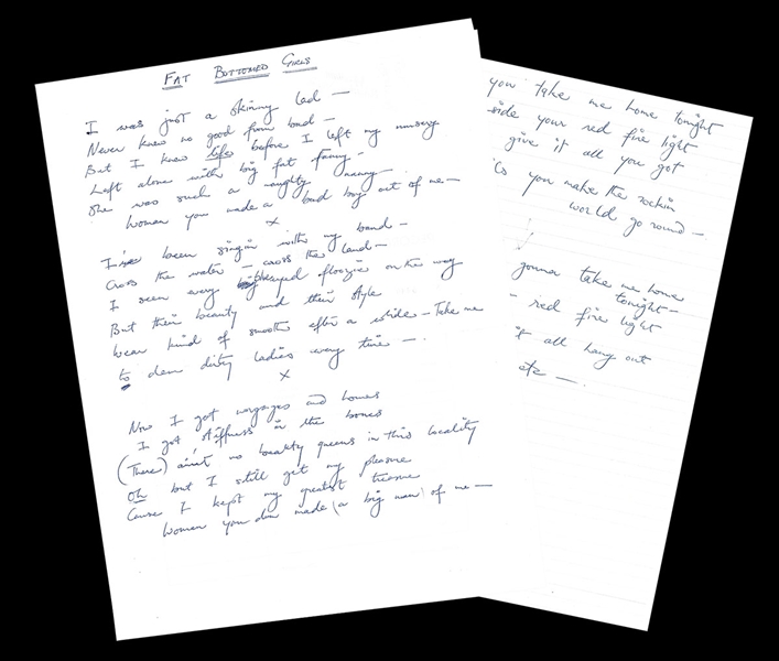 Queen Freddie Mercury "Fat Bottomed Girls" Handwritten Lyrics