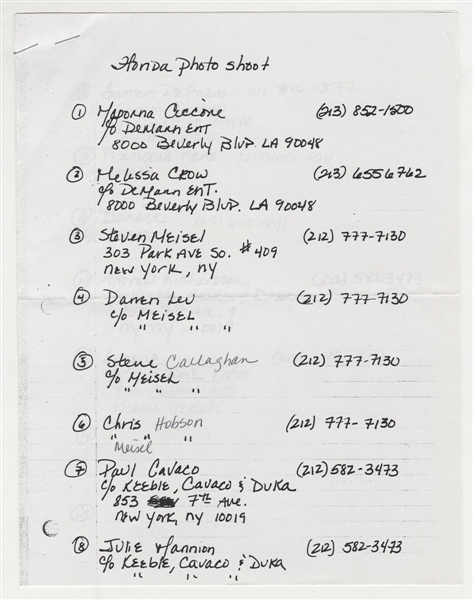 Madonna Hand-Annotated Three Page "Florida Shoot" Contact List