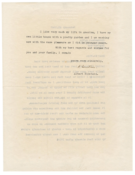 Lot Detail - Albert Einstein Typed Signed Letter About World War II