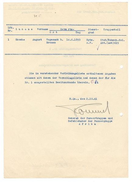 General Erwin Rommel Signed WWII Document (1941) JSA