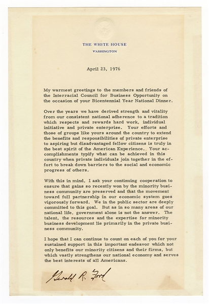 President Gerald Ford Signed White House Letter JSA
