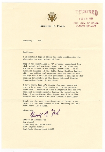 Gerald Ford Signed Recommendation Letter JSA