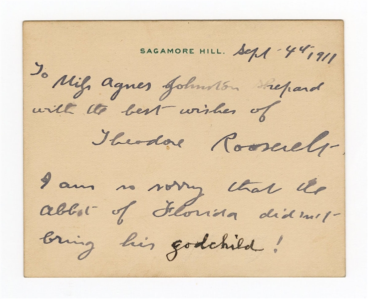 Theodore Roosevelt Handwritten Signed Note Card JSA