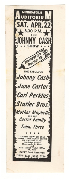 Johnny Cash Original 1968 Concert Flyer Handbill with June Carter and Carl Perkins