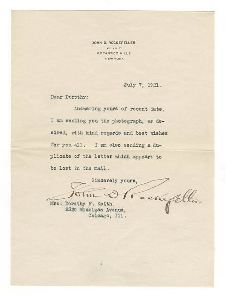 John D. Rockefeller Signed Letter