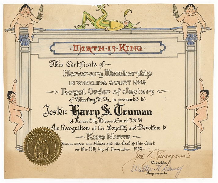 Harry Truman Honorary Membership Certificate Royal Order of Jesters