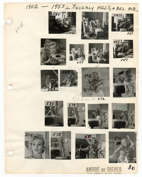Marilyn Monroe Andre De Dienes Twice Stamped Original Test Photographs Sheet