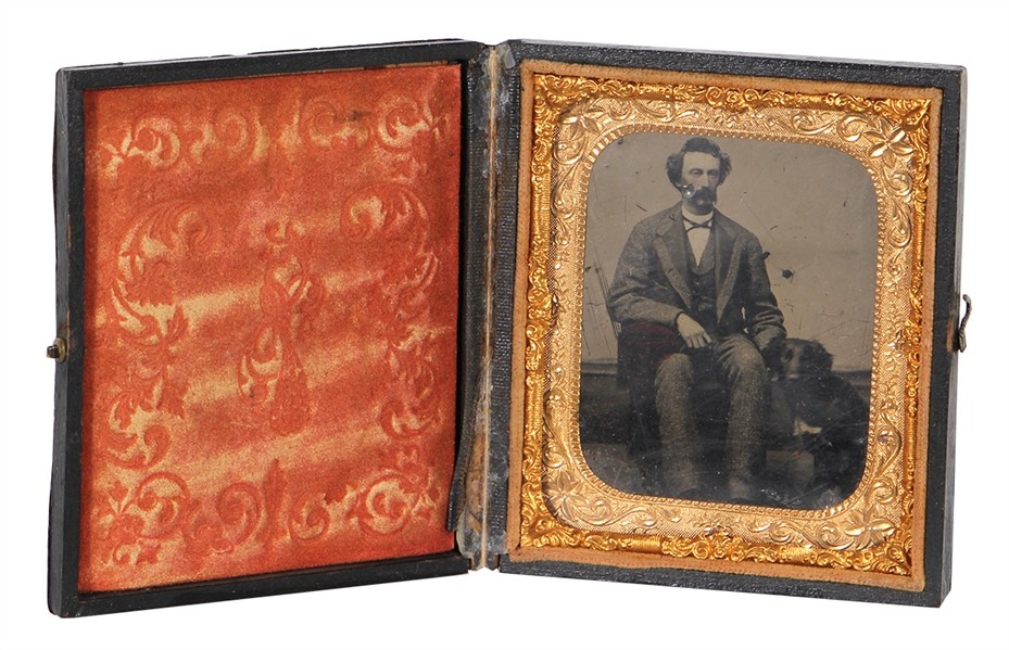 Seated Mustached Man and Dog Encased Tintype