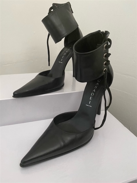 Spice Girls Victoria Beckham Owned, Stage Worn, "Spice Up Your Life!" and "Spiceworld: The Movie" Worn Black Leather Stiletto Heels with Leather Ankle Straps