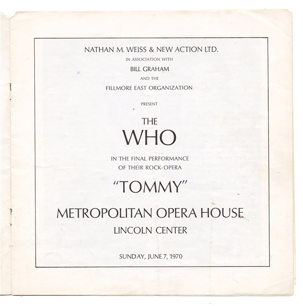 The Who Original "Tommy Rock Opera" 1970 Lincoln Center Silver Foil Concert Program