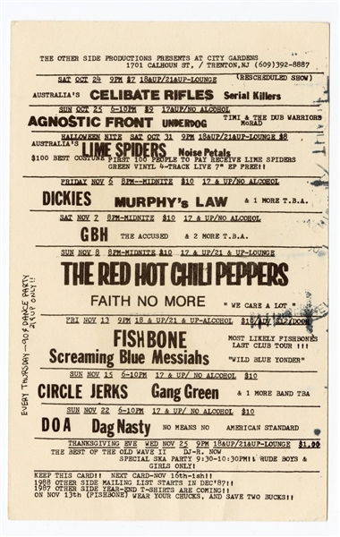 Red Hot Chili Peppers Original 1987 Concert Postcard Handbills