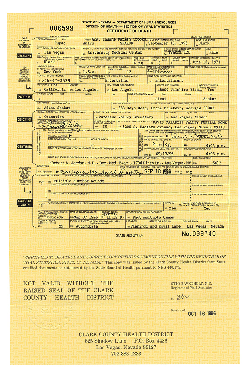 Tupac Shakur Original Certified Death Certificate Barnebys