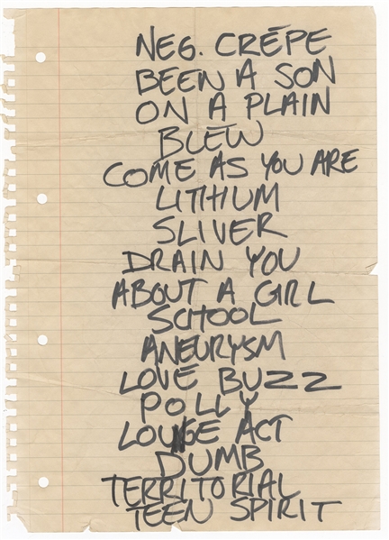 Dave Grohl Handwritten Nirvana Setlist 2/16/1992 Japan JSA