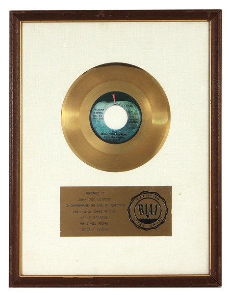 "Instant Karma" Original RIAA White Matte Single Record Award Presented to John Ono Lennon