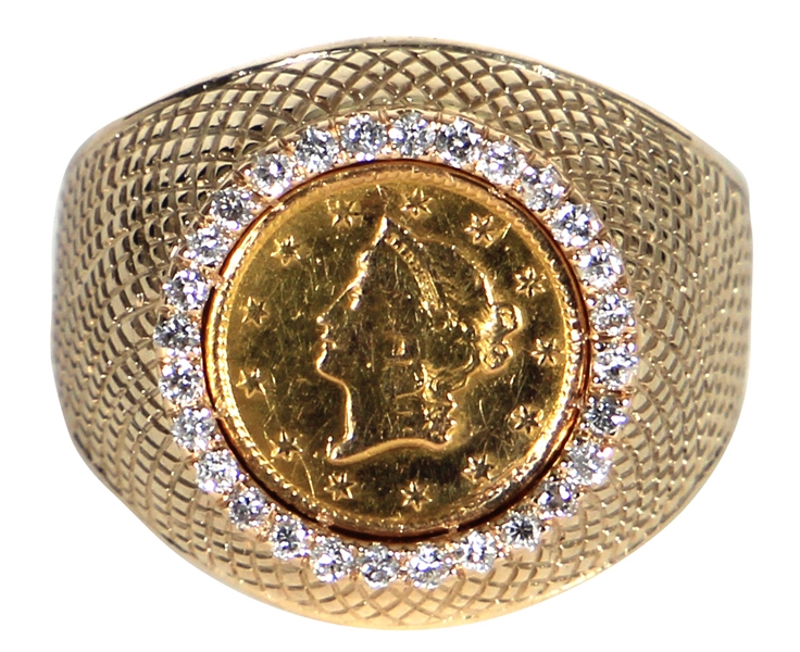 Elvis Presley Owned and Worn 14K Gold and Diamond Coin Ring