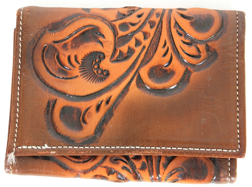 Jimi Hendrix Personally Owned and Used Leather Tooled Wallet and Silver Dollar