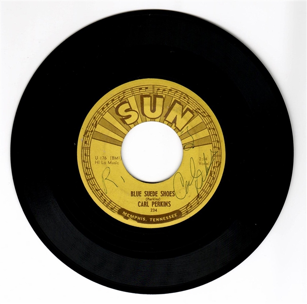 Carl Perkins Signed "Blue Suede Shoes"/"Honey Dont" Original Sun Records 45 Record (Sun-234)