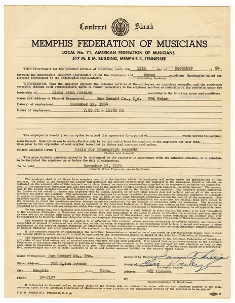 Elvis Presley and Sam Phillips Signed 1954 Sun Records Contract JSA
