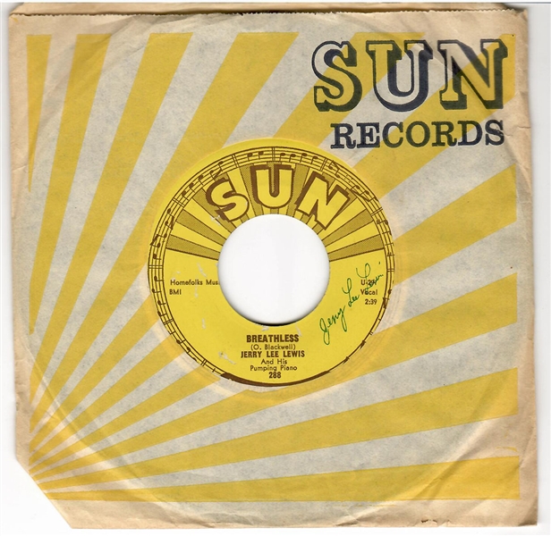 Jerry Lee Lewis Original "Breathless"/"Down The Line" 1958 Sun Records 45 Record (Sun-228) with Stamped Autograph