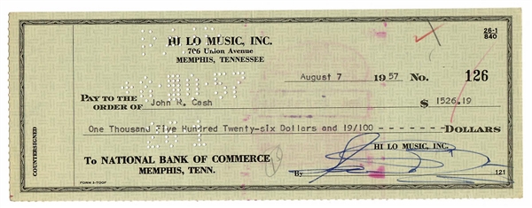 Johnny Cash "John R. Cash" Signed and Sam Phillips Signed 1957 Cancelled Check
