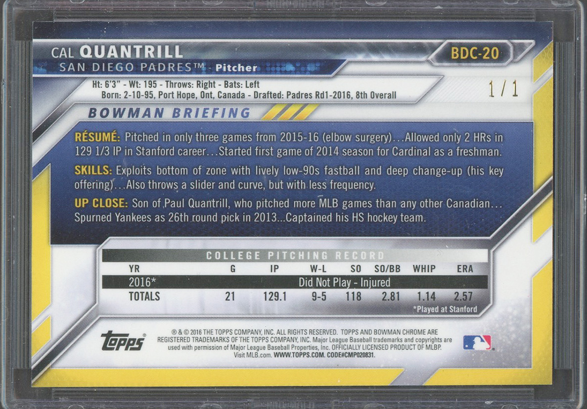 Lot Detail - 2016 Bowman Prospects Cal Quantrill Gold Superfractor (#1/1)