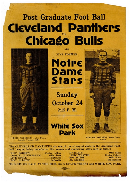 RARE 1926 Cleveland Panthers vs Chicago Bulls Football Broadside (American Football League)