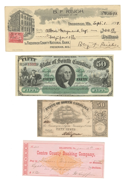 Civil War and Post Civil War State Currency & Checks (4)