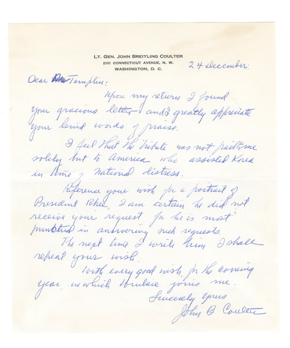 Lot Detail - Lieutenant General John B Coulter Handwritten Letter