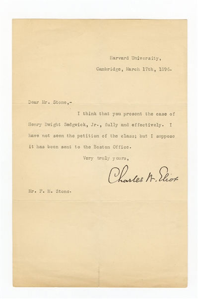 1896 Charles W. Eliot Signed Letter 1896 (Harvard University President)